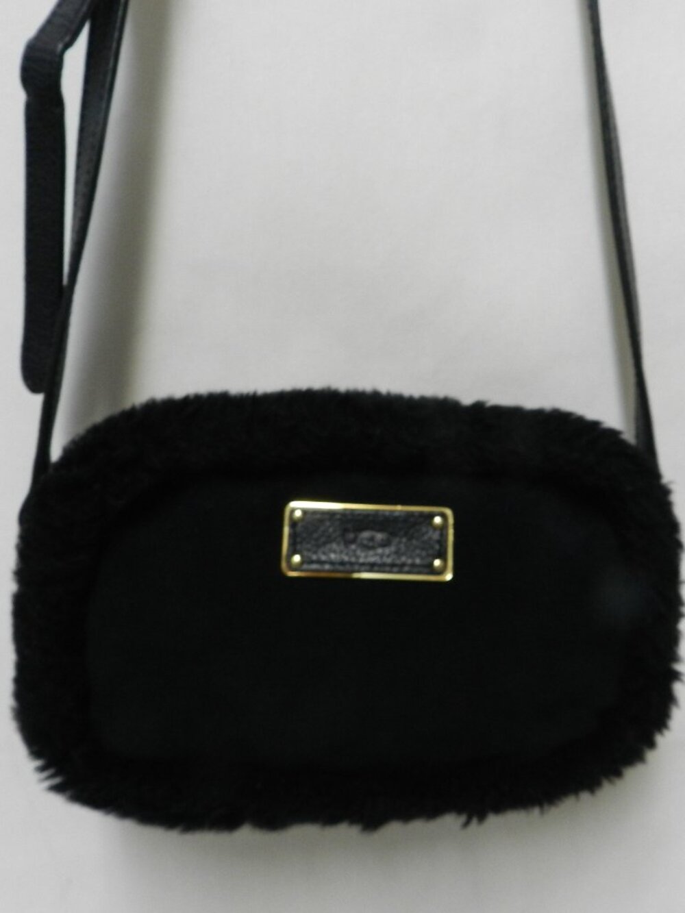 UGG Suede Leather Shearling black small crossbody bag purse zip top adjustable
